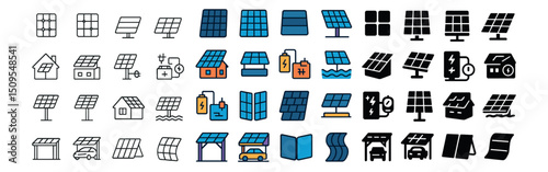Solar energy icon collection: renewable, sustainable, and eco-friendly design set