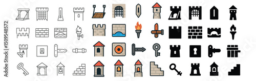 Castle and fortress icon collection: line, solid, color styles for medieval themes