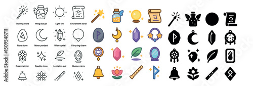 Magic and fantasy icon collection: enchanted, mystical, magical symbols