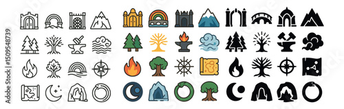 Nature and adventure icon collection: outline, filled, and glyph set for outdoor themes