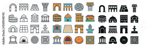 Ancient architecture icon collection with line, color, and flat symbols for design