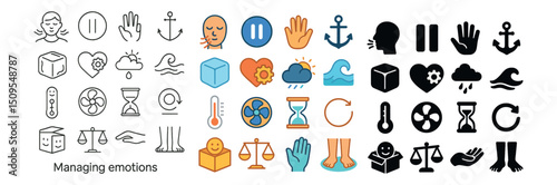 Emotions and mindfulness icons collection: linear, silhouette, and colorful symbols