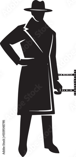 silhouetted figure in a trench coat stands with arms crossed near film reels.