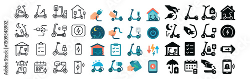 Electric scooters, transport, and home smart tech icon collection. mobility usage set