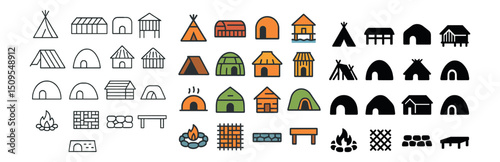 Camping and outdoors icon collection: tents, campfires, cabins for adventure lovers