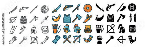 Medieval and ancient weaponry icon collection with arms, armor, and helmet designs