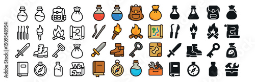 Rpg and gaming icon collection: flat, outline, and filled designs for fantasy adventures
