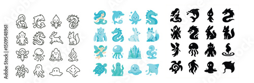 Fantasy creature icon collection: mythical, legendary, and magical design elements