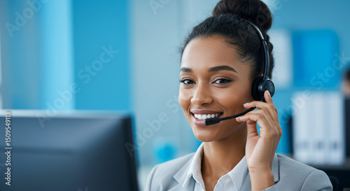 A smiling woman with a headset working at a computer in a call center environment with blue background