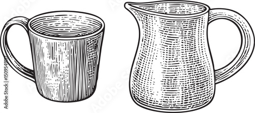 ceramic mug and a stoneware pitcher stand side-by-side.