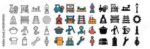 Industrial and mechanical icon collection. engineering, manufacturing, factory designs