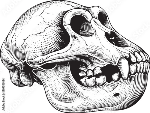 primate skull rests on a textured surface.