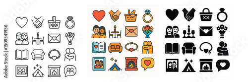 Wedding and romance icon collection: love, marriage, and relationship symbols set