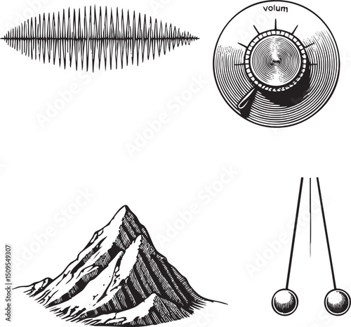 Illustrative diagram showcases sound waves a volume control knob and a mountain silhouette.