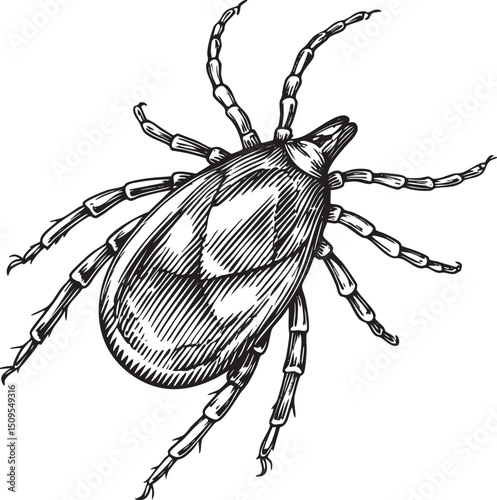black tick insect rests on a white background.