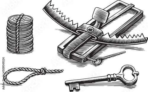 coiled rope rests near a vintage trap and a large key.