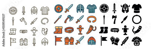 Medieval weapon and armor icon collection. battle equipment and knight gear set