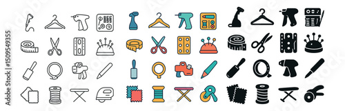 Sewing and crafting icon collection: linear, silhouette, flat styles for creative projects