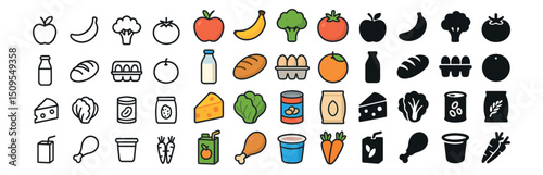 Food and drink icon collection: outline, flat, and solid styles. culinary design set