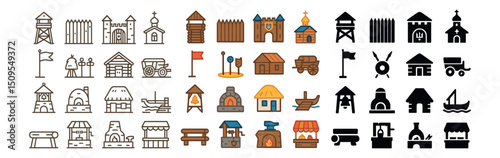 Medieval and castle icon collection. historical, architecture and fortress design set