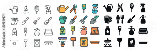 Gardening tools icon collection: line, silhouette and colorful styles for landscaping