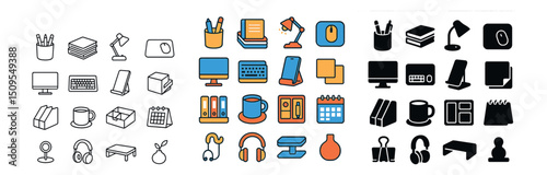 Office and stationery icon collection: minimal, colorful, and outline design set