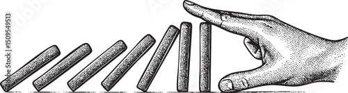 hand delicately balances a row of wooden blocks poised to fall.