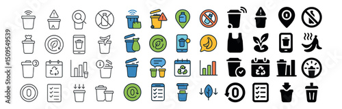 Waste management icon collection: recycling, sustainability, and environment symbols