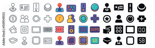 Gaming icons collection: joystick, controller, and arcade symbols for digital design