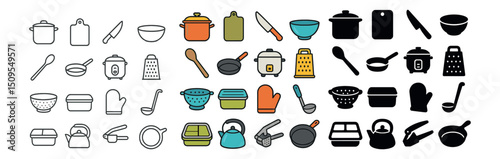 Kitchen utensils icon collection with cookware, tools, and cutlery. cooking essentials set