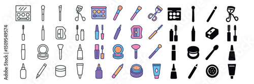 Beauty and makeup icon collection with flat, line, and color styles for cosmetics design