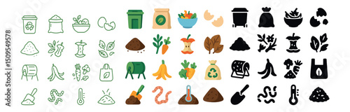 Composting and waste management icon collection: recycling, sustainability, eco-friendly set