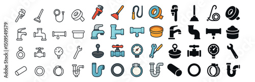 Plumbing and maintenance icon collection. repair, tools, and water supply symbols