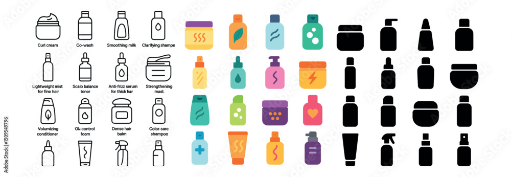 Hair care icon collection for beauty, salon, and grooming needs. styling essentials set Hair care icon collection for beauty, salon, and grooming needs. styling essentials set