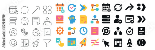 Project management icon collection in linear, flat, and colorful styles. workflow symbols set
