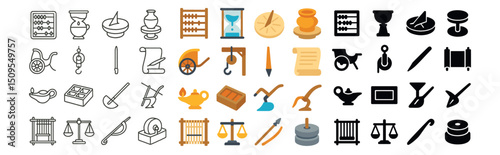 Ancient tools and crafts icon collection. historical, vintage, object design set