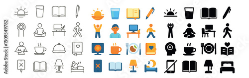 Daily activities and office work icon collection. lifestyle, productivity symbols set
