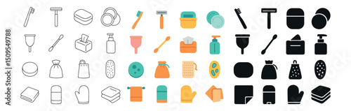 Personal hygiene icon collection with flat, outline, and solid design styles