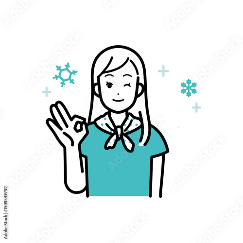 Clip art of woman wearing neck cooler to prevent heat stroke.
