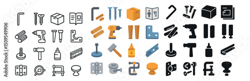 Hardware and tools icon collection with diy elements. construction and repair symbols set
