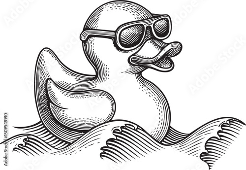 rubber duck wears sunglasses and relaxes on the water.