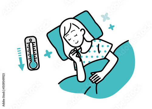 Clip art of woman sleeping soundly with temperature turned down.
