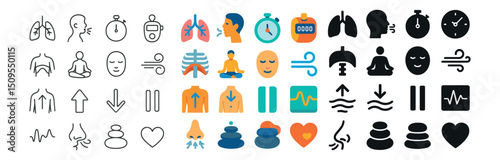 Health and wellness icon collection featuring meditation, breathing, and relaxation symbols