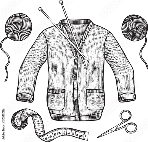 knitted cardigan is displayed with knitting needles and yarn.