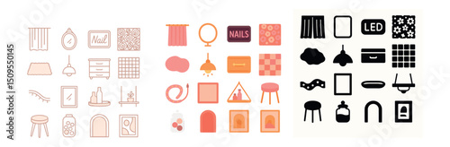 Home decor and lighting icon collection. interior design and home accessories set