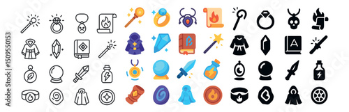 Fantasy role-playing icon collection: magic, adventure, and mystical symbols set
