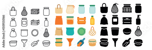Sustainable packaging icon collection: eco-friendly, reusable, and zero waste designs
