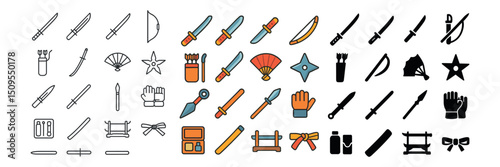 Martial arts and weaponry icon collection: swords, knives, and ninja stars set