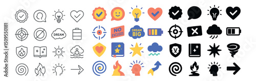 Motivation and achievement icon collection: inspiration set with creative symbols