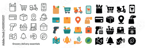 Grocery delivery essentials icon collection. shopping, cart, and food delivery symbols set